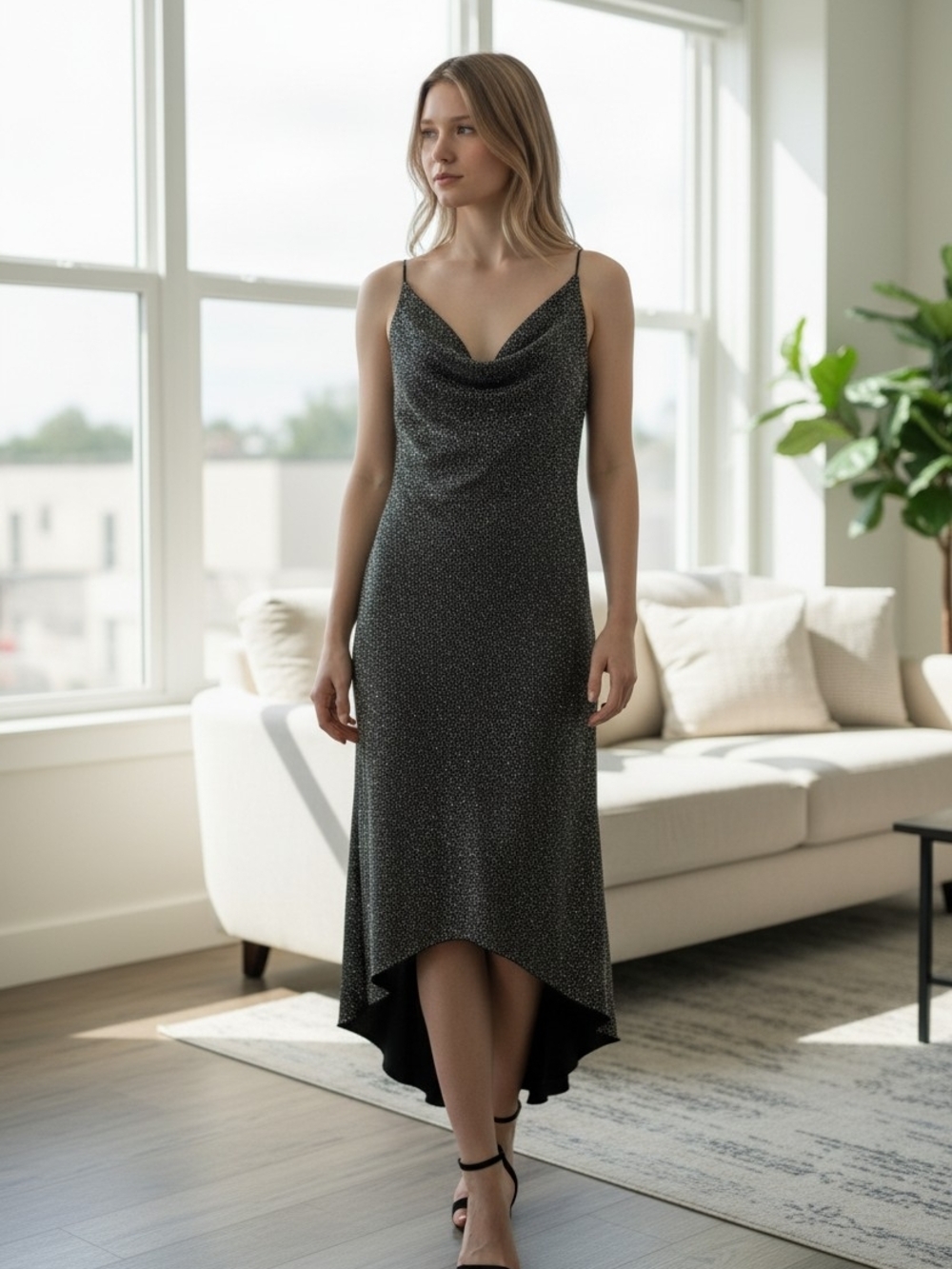 Vintage Jodi Kristopher Black Speckled High-Low Cowl Slip Prom Or Formal Dress